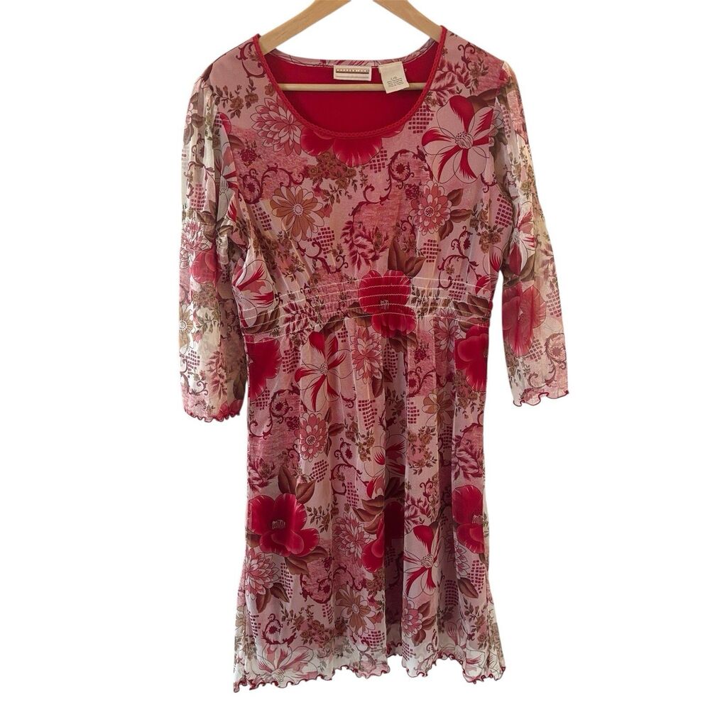 Vintage 90s Y2K Dress Midi L Red Sheer Floral Indie Fariy Goth Bell Sleeeve Boho